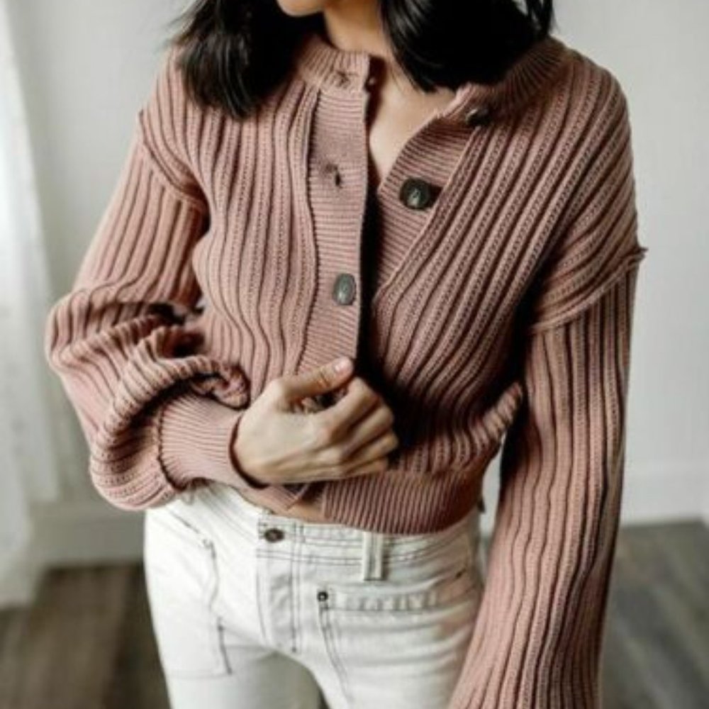Free People Size Large Mocha Cardi Classic Sweater